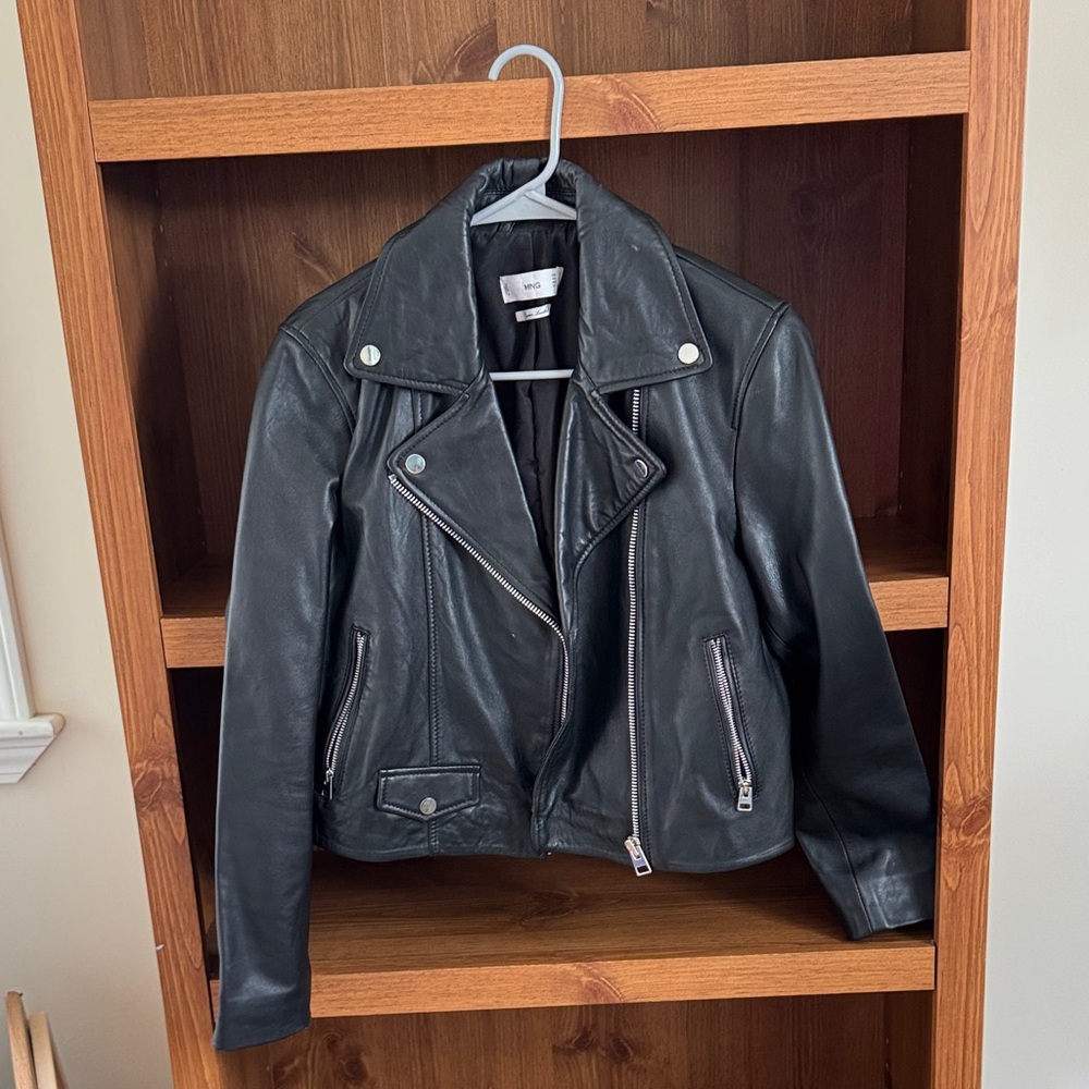 Mango Black Leather Jacket with Silver Accents